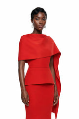 Cevher Red Fishtail Maxi Dress with Cape