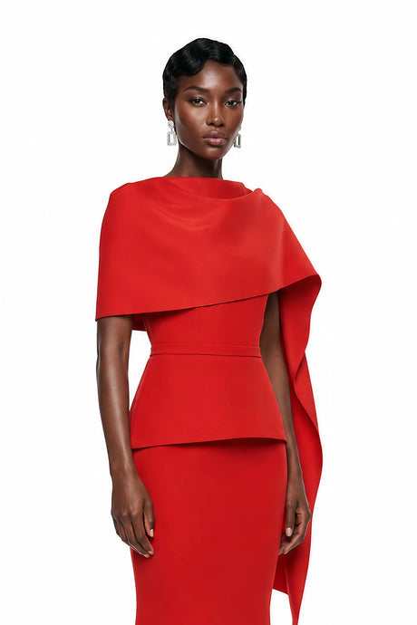 Cevher Red Fishtail Maxi Dress with Cape
