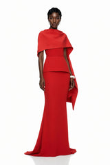 Cevher Red Fishtail Maxi Dress with Cape