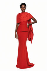 Cevher Red Fishtail Maxi Dress with Cape