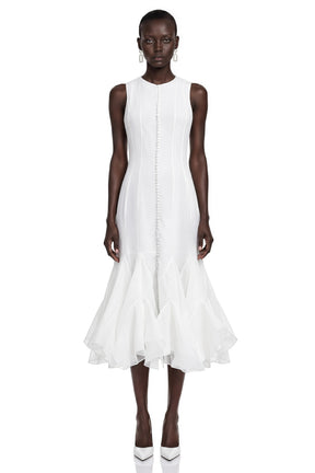 Cevher White Asymmetrical Midi Dress with Buttons