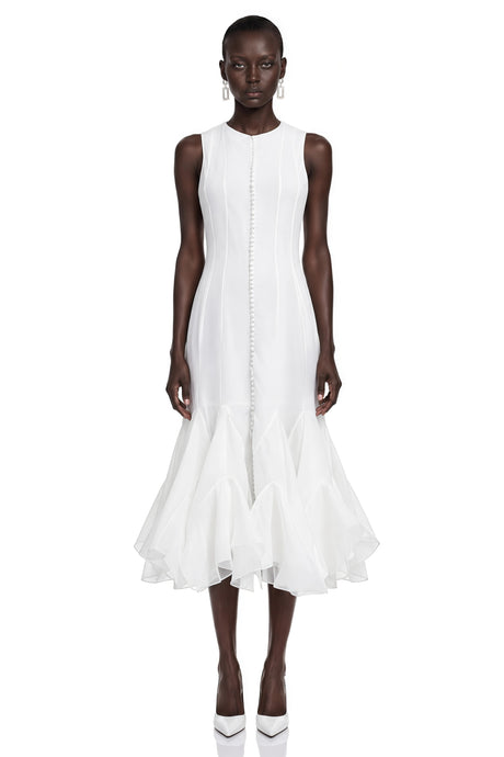 Cevher White Asymmetrical Midi Dress with Buttons