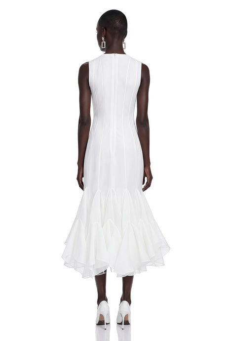 Cevher White Asymmetrical Midi Dress with Buttons