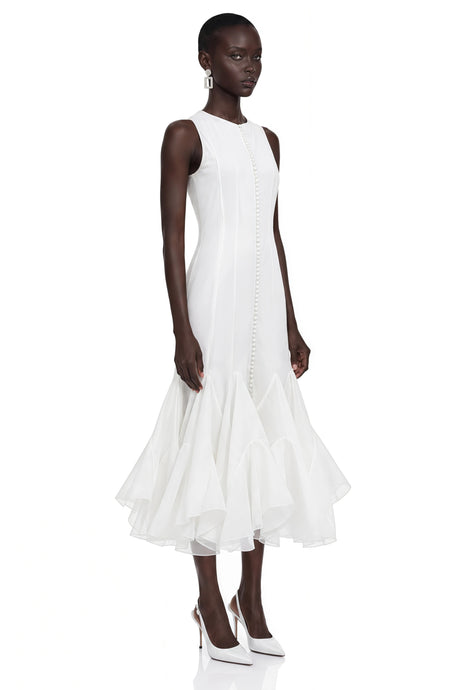 Cevher White Asymmetrical Midi Dress with Buttons
