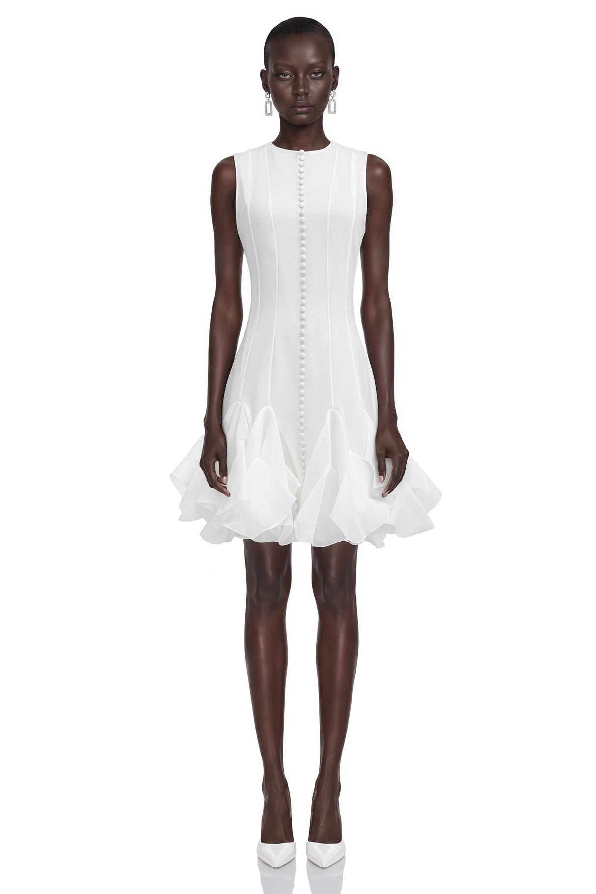 Cevher White Asymmetrical Mini Dress with Buttons