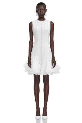 Cevher White Asymmetrical Mini Dress with Buttons