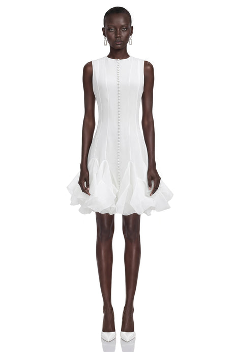 Cevher White Asymmetrical Mini Dress with Buttons