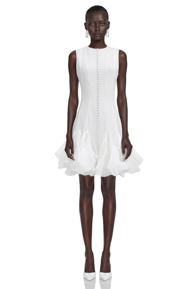 Cevher White Asymmetrical Mini Dress with Buttons