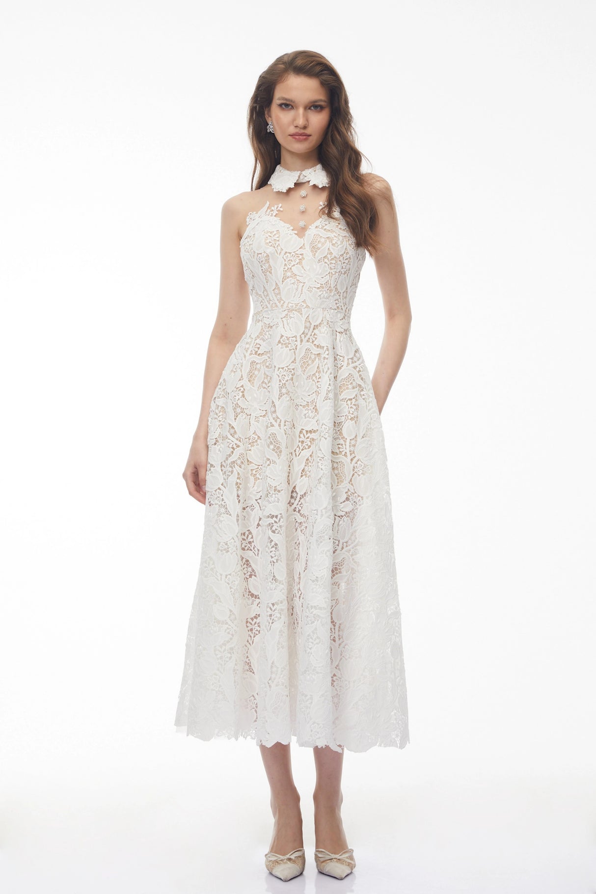 Chakame White Floral Lace Midi Dress