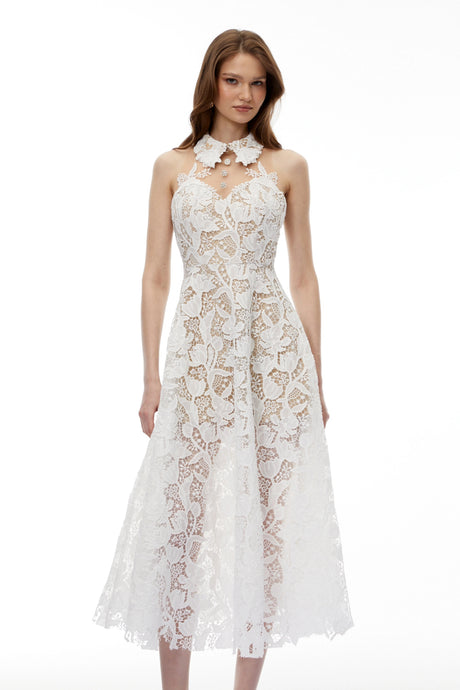 Chakame White Floral Lace Midi Dress