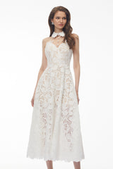 Chakame White Floral Lace Midi Dress