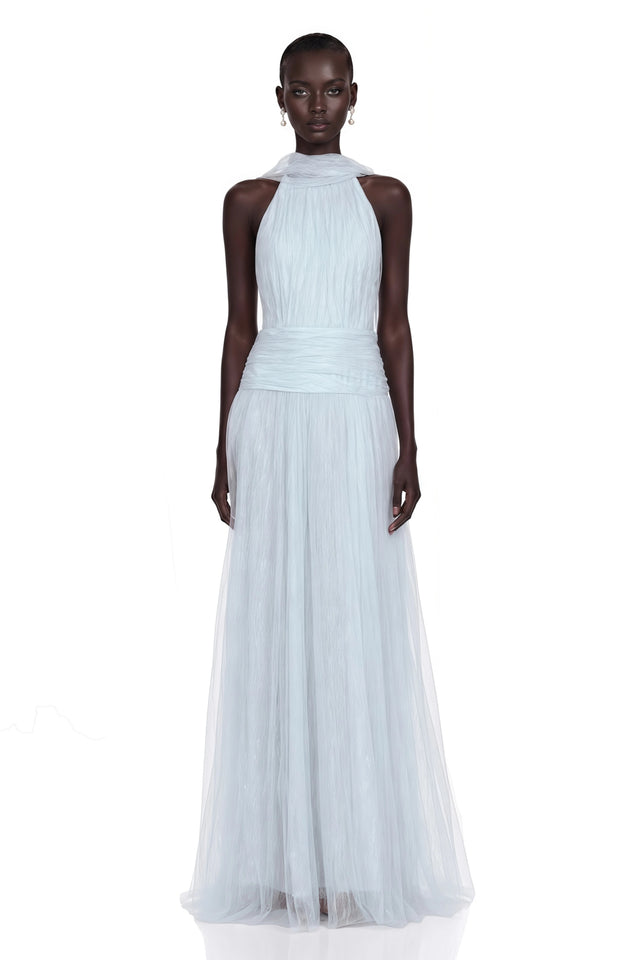 Charlotte Baby Blue Halterneck Lace Maxi Dress with Cape