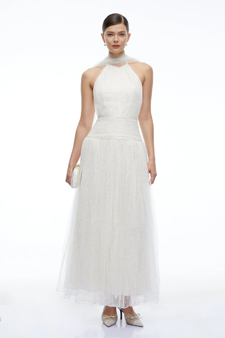 Charlotte Ivory Halterneck Lace Maxi Dress with Cape