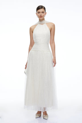 Charlotte Ivory Halterneck Lace Maxi Dress with Cape