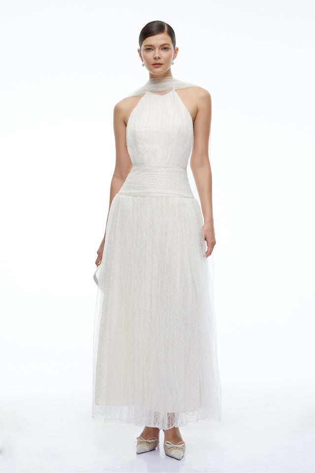 Charlotte Ivory Halterneck Lace Maxi Dress with Cape