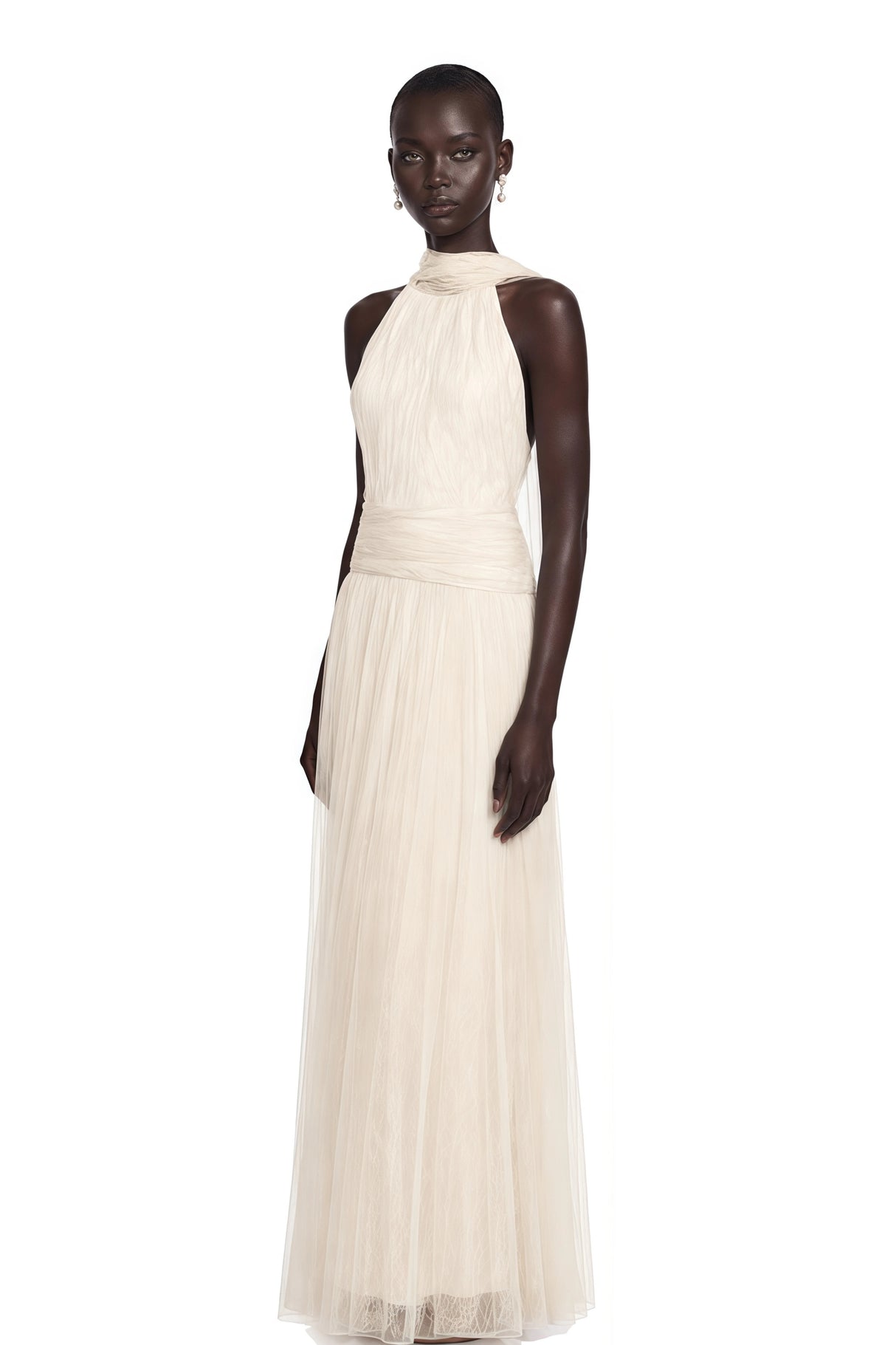 Charlotte Ivory Halterneck Lace Maxi Dress with Cape