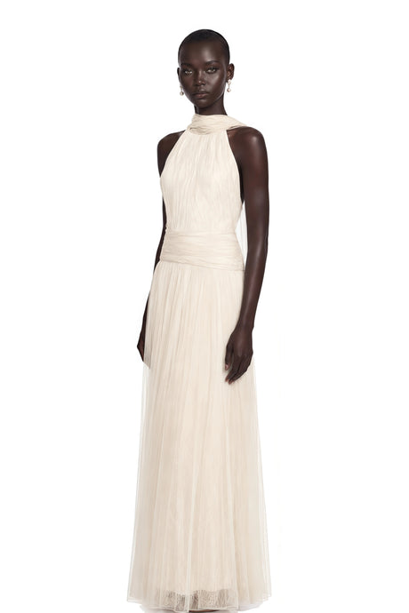 Charlotte Ivory Halterneck Lace Maxi Dress with Cape