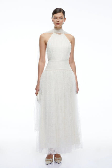 Charlotte Ivory Halterneck Lace Maxi Dress with Cape