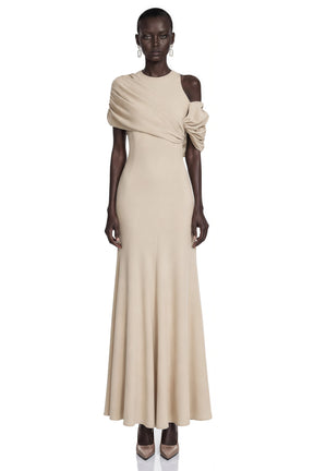 Charlotte Khaki Draped Asymmetrical Maxi Dress