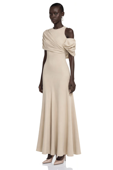 Charlotte Khaki Draped Asymmetrical Maxi Dress