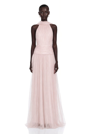 Charlotte Pink Halterneck Lace Maxi Dress with Cape