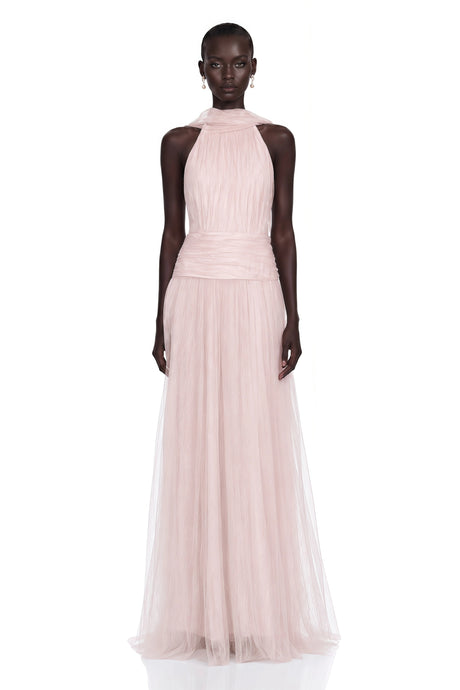 Charlotte Pink Halterneck Lace Maxi Dress with Cape