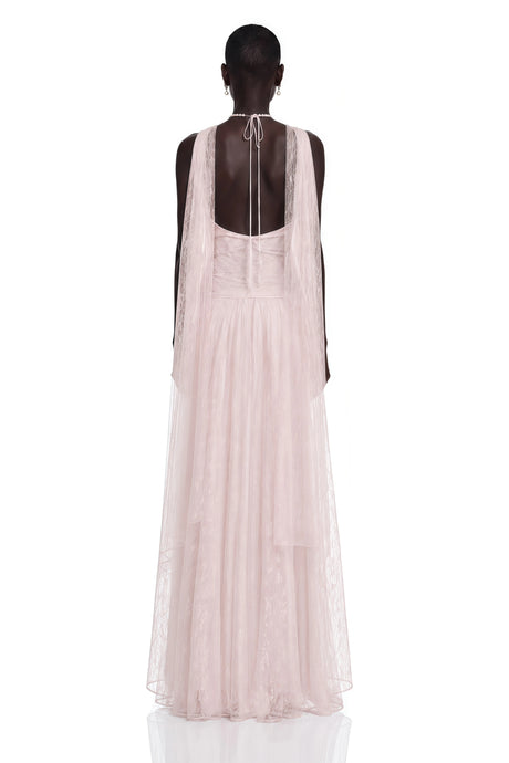 Charlotte Pink Halterneck Lace Maxi Dress with Cape
