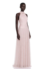 Charlotte Pink Halterneck Lace Maxi Dress with Cape