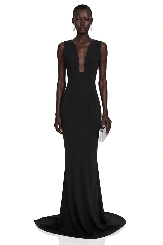 Cherish Black UNeck Ruched Maxi Dress