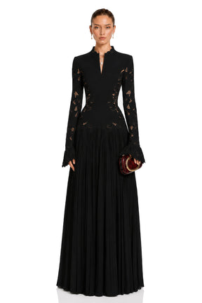 Chiara Black Lace Panel Pleated Midi Dress