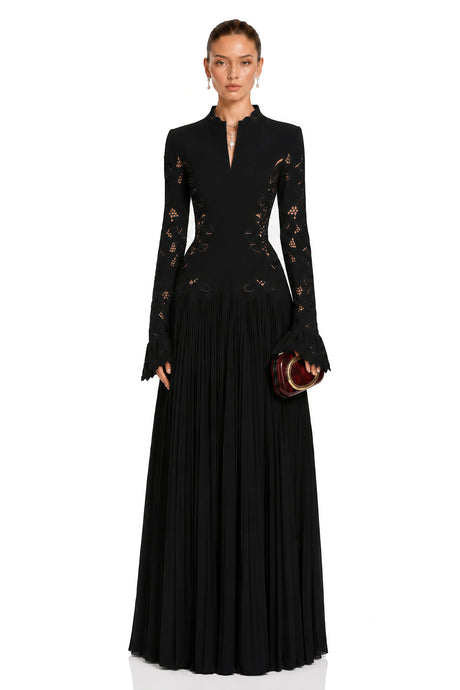 Chiara Black Lace Panel Pleated Midi Dress