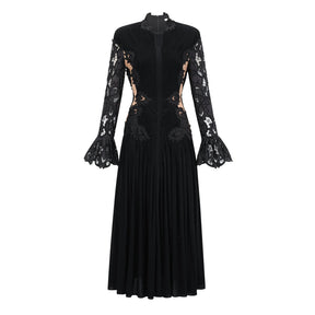Chiara Black Lace Panel Pleated Midi Dress
