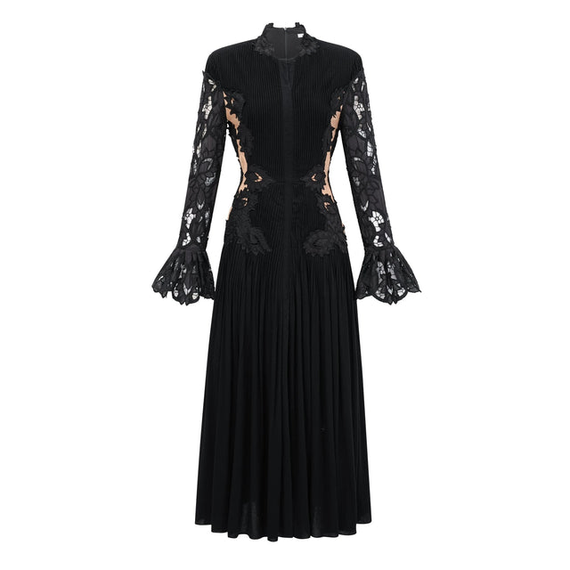 Chiara Black Lace Panel Pleated Midi Dress