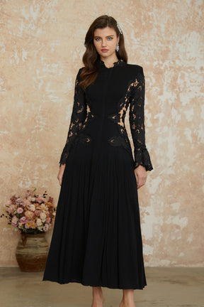 Chiara Black Lace Panel Pleated Midi Dress