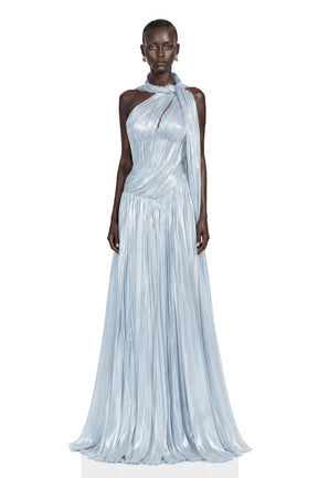 Chiara Blue Asymmetrical Pleated Maxi Dress