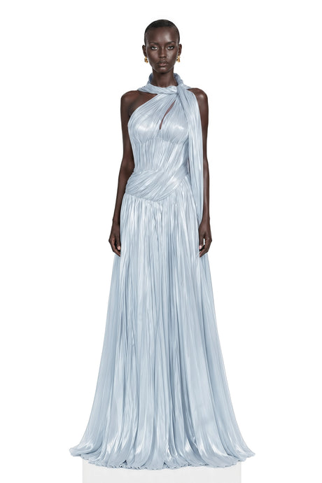 Chiara Blue Asymmetrical Pleated Maxi Dress
