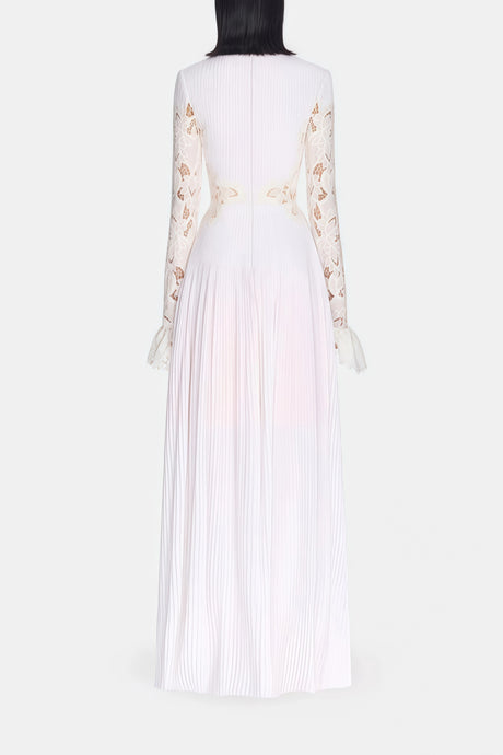 Chiara White Lace Panel Pleated Midi Dress