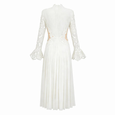 Chiara White Lace Panel Pleated Midi Dress