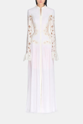 Chiara White Lace Panel Pleated Midi Dress