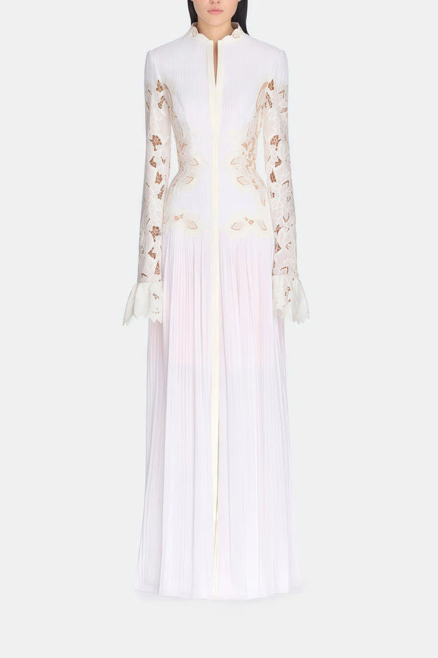 Chiara White Lace Panel Pleated Midi Dress