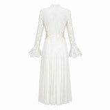 Chiara White Lace Panel Pleated Midi Dress
