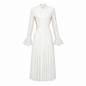 Chiara White Lace Panel Pleated Midi Dress