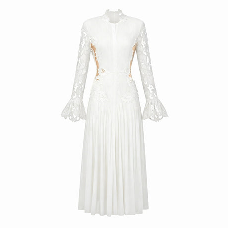 Chiara White Lace Panel Pleated Midi Dress