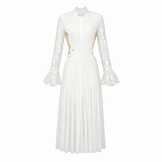Chiara White Lace Panel Pleated Midi Dress