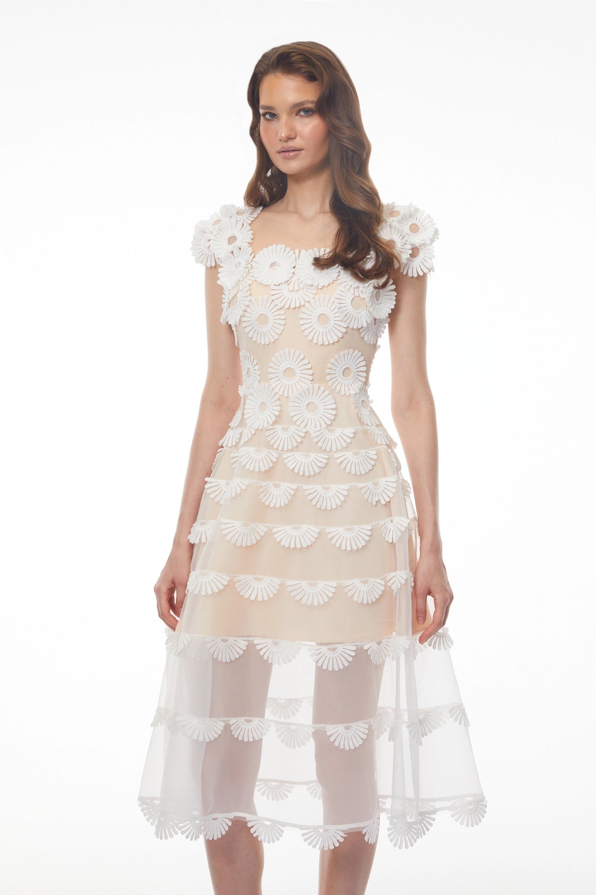 Chiara White Midi Dress with 3D Florals