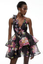 Chione Black Floral Applique Backless Mini Dress
