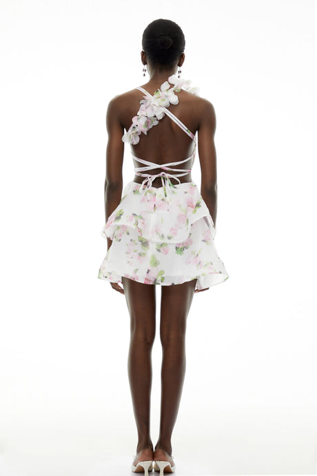 Chione White Floral Applique Backless Mini Dress