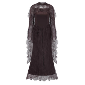Christa Brown Floral Lace Maxi Dress with Cape