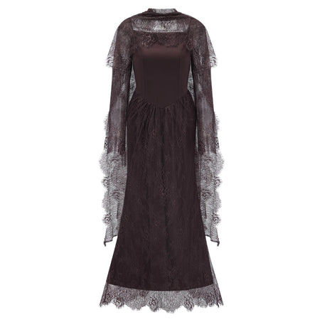 Christa Brown Floral Lace Maxi Dress with Cape