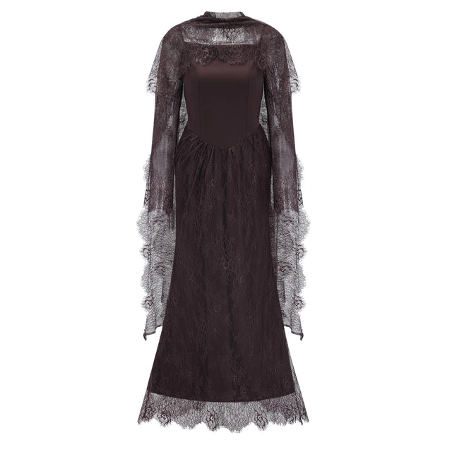Christa Brown Floral Lace Maxi Dress with Cape